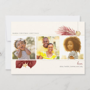Burgundy & Gold Beach Tropical Greenery 3-Photo Holiday Card