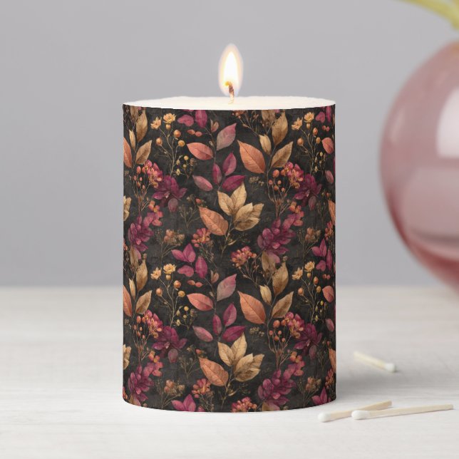 Burgundy Gold Black Botanicals Florals  Pillar Candle (In Situ)