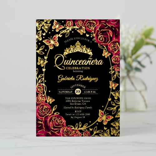 Burgundy Gold Black Butterflies Roses Quinceanera Foil Invitation