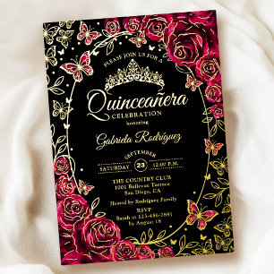 Burgundy Gold Black Butterflies Roses Quinceanera Foil Invitation