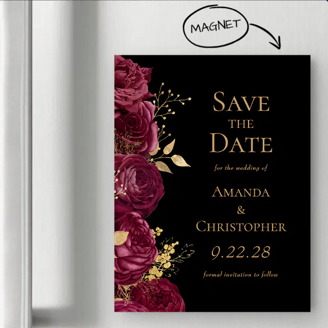 Burgundy Gold Black Floral Wedding Save the Date Magnetic Invitation ...