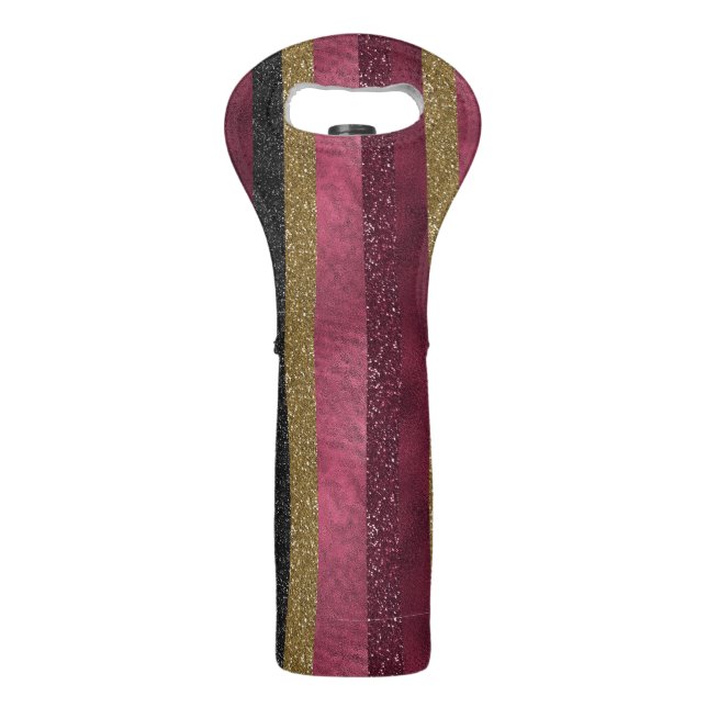 BURGUNDY GOLD BLACK GLITTER LOOK STRIPES WINE BAG (Front)