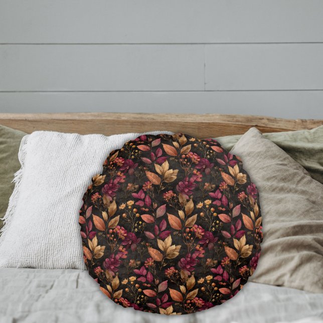 Burgundy Gold Black Watercolor Botanicals Florals  Round Pillow (Burgundy gold black watercolor botanical leaves florals round bedroom or living room pillow)