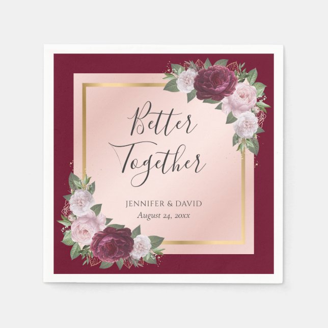 Burgundy Gold Blush Floral Wedding Napkins (Front)