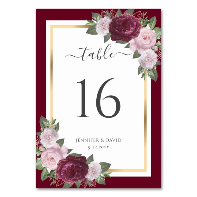 Burgundy Gold Blush Floral Wedding Table Number (Front)
