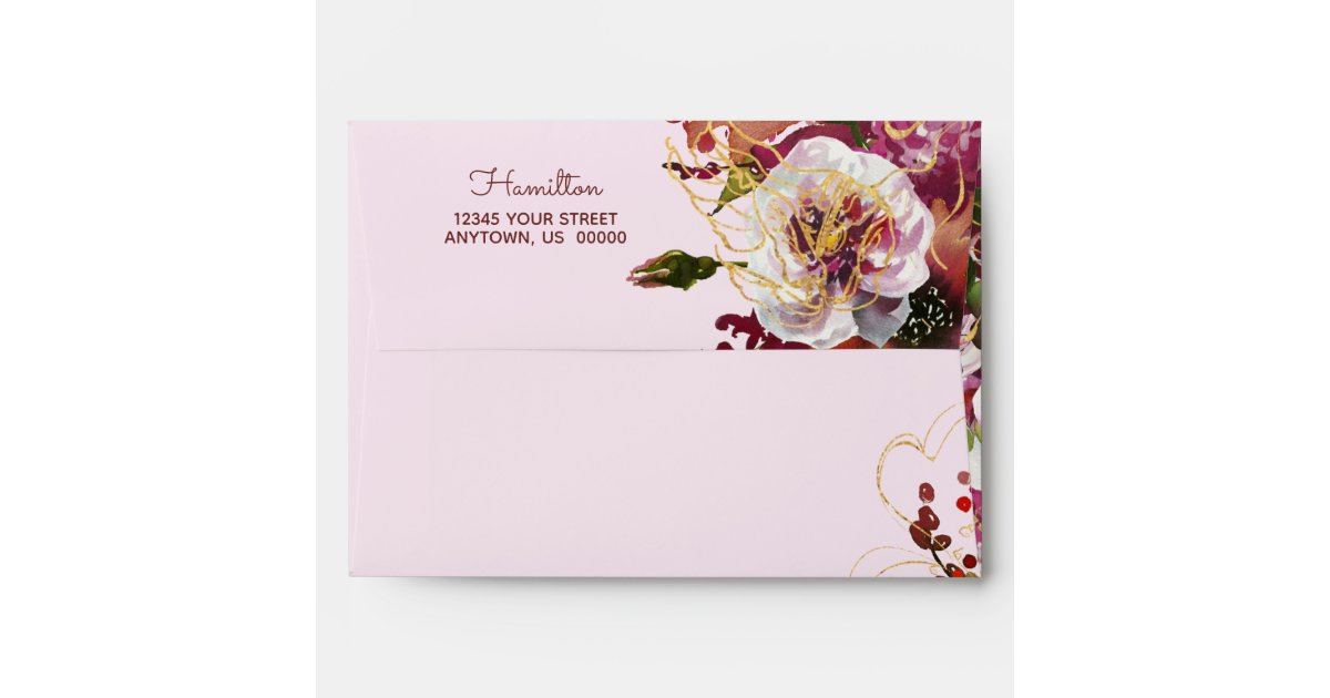 Burgundy Gold Blush Pink Floral Return Address Envelope | Zazzle