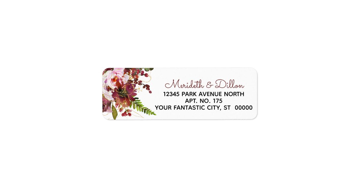 Burgundy Gold Blush Pink Floral Return Address Label | Zazzle