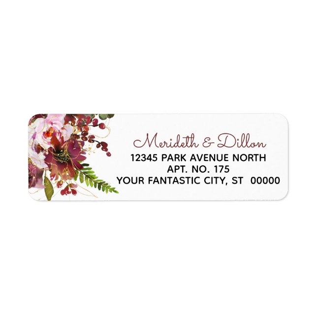 Burgundy Gold Blush Pink Floral Return Address Label (Front)