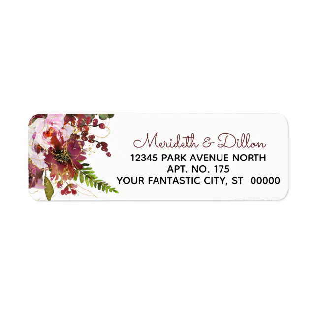 Burgundy Gold Blush Pink Floral Return Address Label | Zazzle