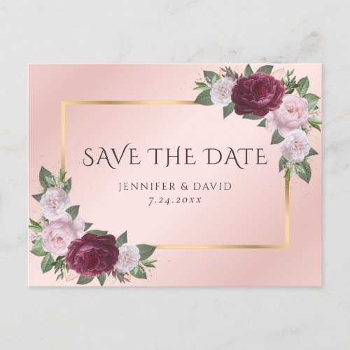 Burgundy Gold Blush Pink Floral Save The Date Announcement Postcard