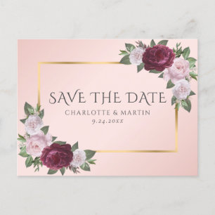 Burgundy Gold Blush Pink Floral Save The Date Announcement Postcard