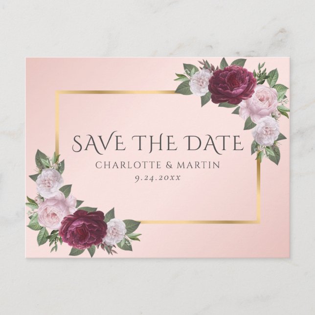 Burgundy Gold Blush Pink Floral Save The Date Announcement Postcard (Front)