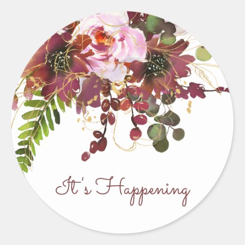 Burgundy Gold Blush Pink Floral Save The Date Classic Round Sticker