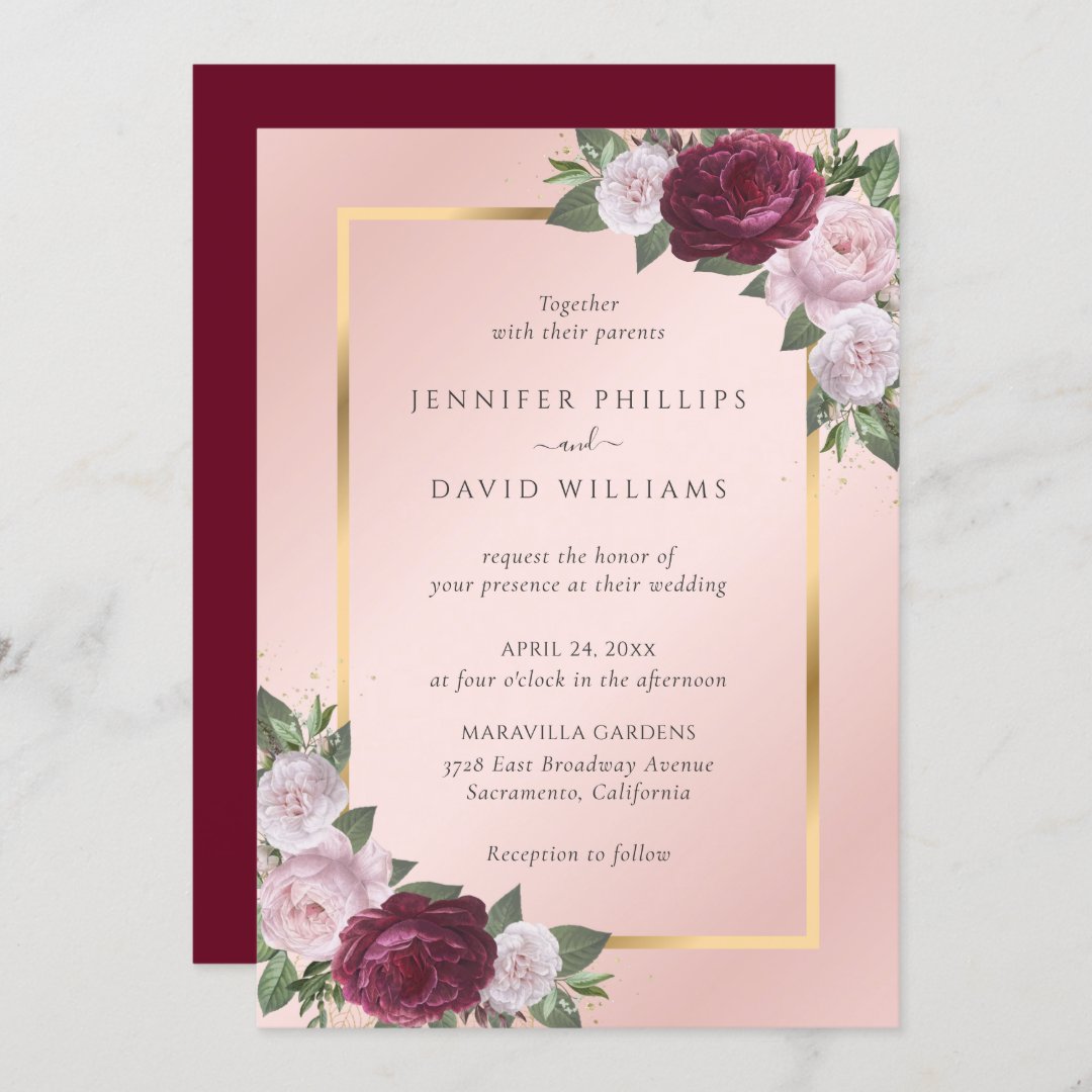 Burgundy Gold Blush Pink Floral Wedding Invitation | Zazzle