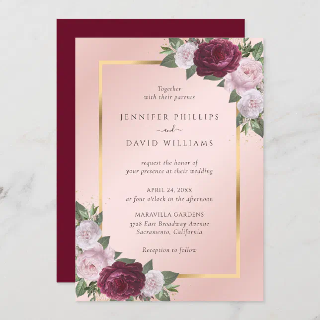 Burgundy Gold Blush Pink Floral Wedding Invitation | Zazzle