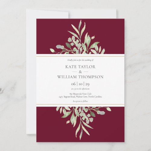 Burgundy Gold Botanical Greenery Wedding Invitation