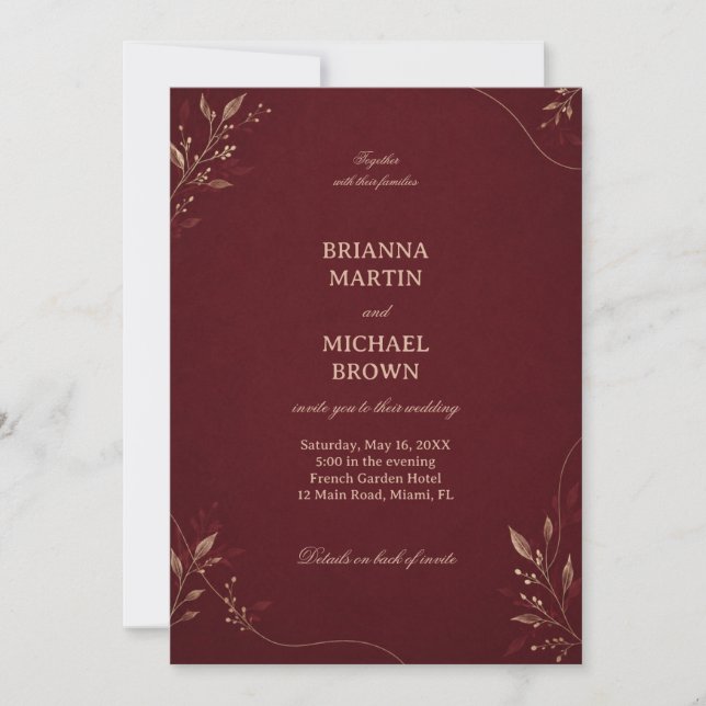 Burgundy Gold Botanical Invitation (Front)