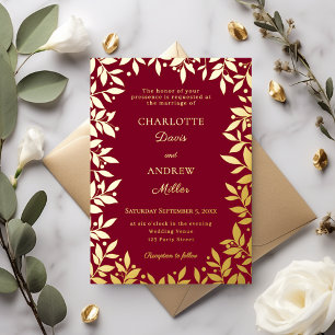 Burgundy gold botanical leaves luxury wedding foil invitation