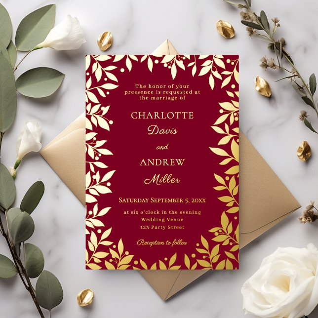 Burgundy gold botanical leaves luxury wedding foil invitation (Creator Uploaded)
