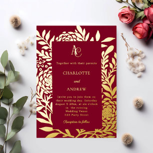Burgundy gold botanical monogram luxury wedding foil invitation