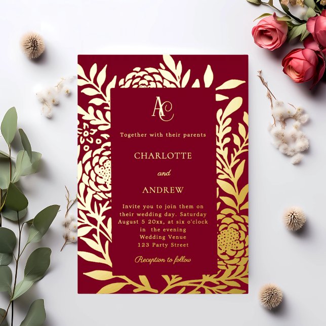 Burgundy gold botanical monogram luxury wedding foil invitation (Creator Uploaded)