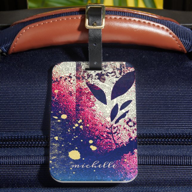 Burgundy Gold Botanical Sparkle Abstract Signature Luggage Tag (Front Insitu 2)