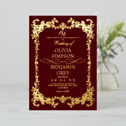 Burgundy &amp; Gold Botanical Wedding Foil Invitation