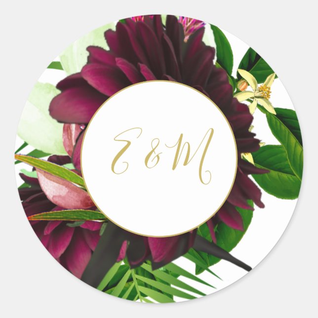 Burgundy  Gold Bouquet  Modern Wedding Monogram Classic Round Sticker (Front)