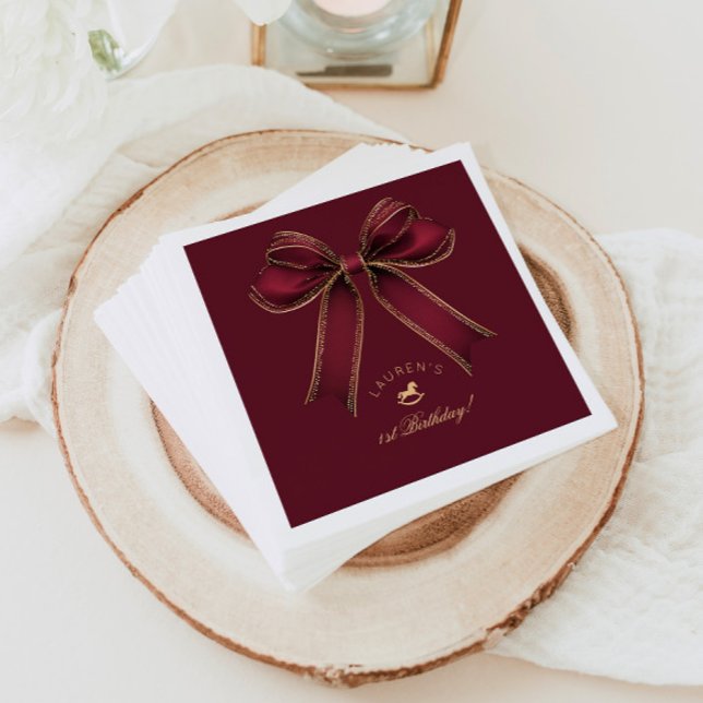 Burgundy Gold Bow Rocking Horse Luxury Birthday Napkins (Creator Uploaded)