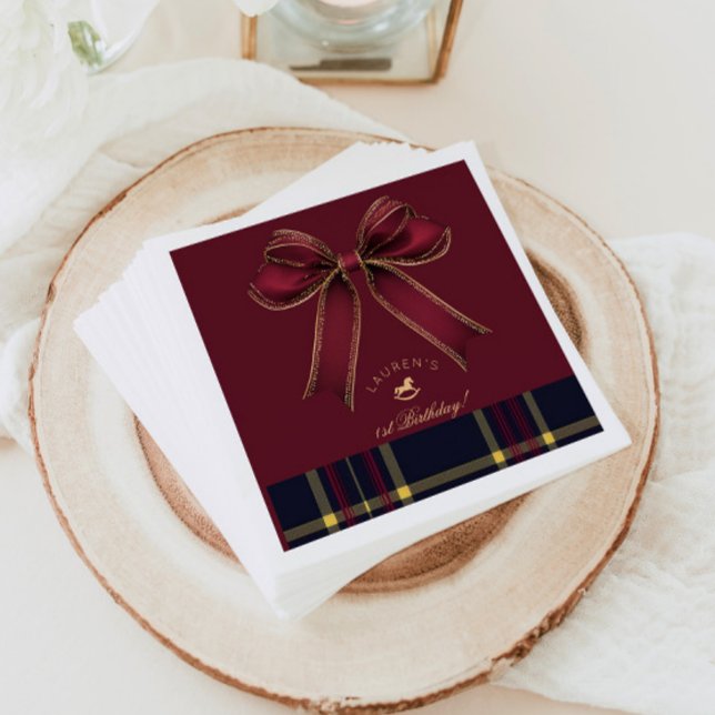 Burgundy Gold Bow Rocking Horse Luxury Birthday Napkins (Creator Uploaded)