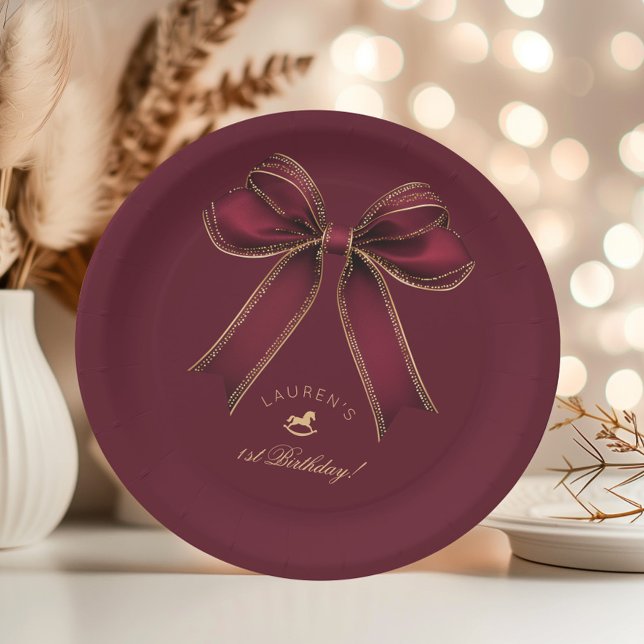Burgundy Gold Bow Rocking Horse Luxury Birthday Paper Plates (Creator Uploaded)