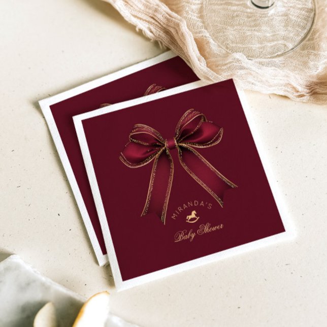 Burgundy Gold Bow Rocking Horse Luxury Napkins (Creator Uploaded)