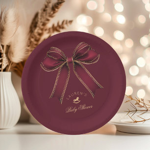 Burgundy Gold Bow Rocking Horse Luxury Paper Plates
