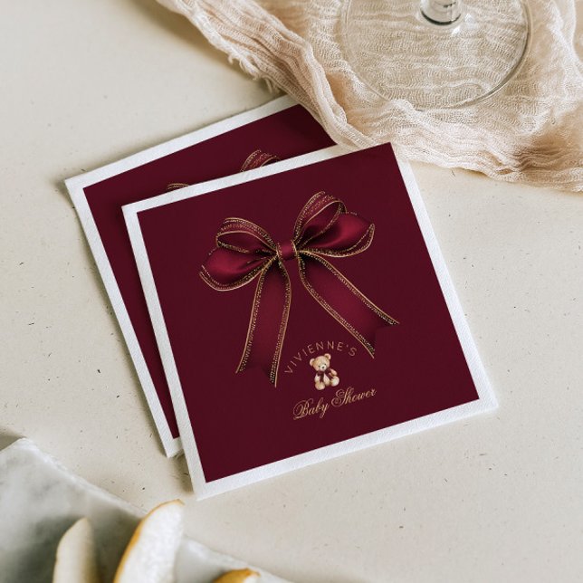 Burgundy Gold Bow Teddy Bear Luxury Baby Shower Napkins (Creator Uploaded)