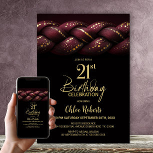 Burgundy Gold Braid 21st Birthday Party Invitation