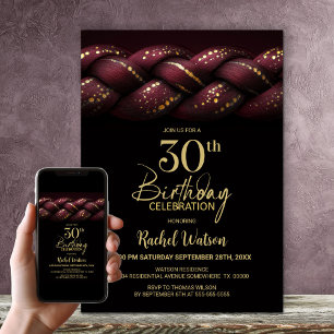 Burgundy Gold Braid 30th Birthday Party Invitation