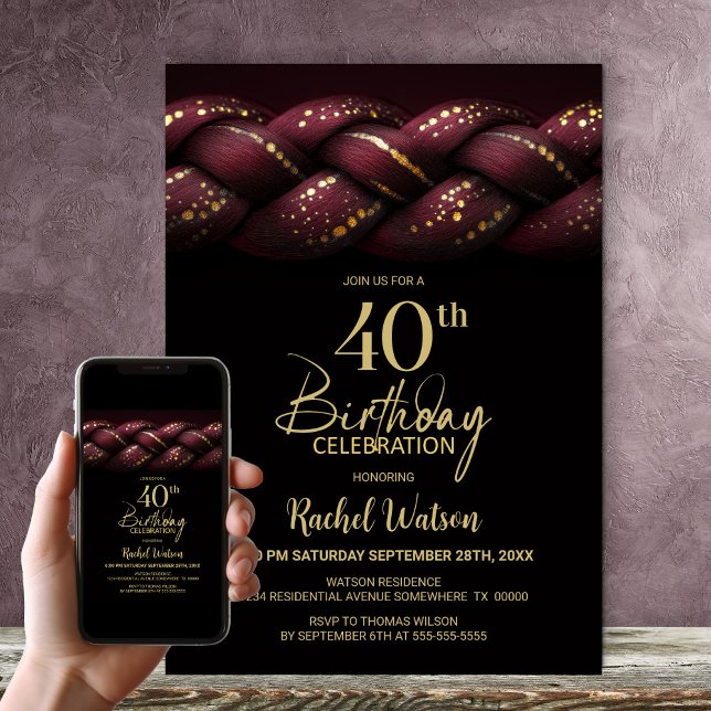 Burgundy Gold Braid 40th Birthday Party Invitation (Creator Uploaded)