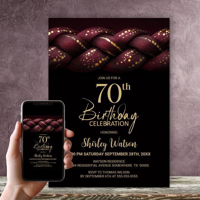 Burgundy Gold Braid 70th Birthday Party Invitation (Creator Uploaded)