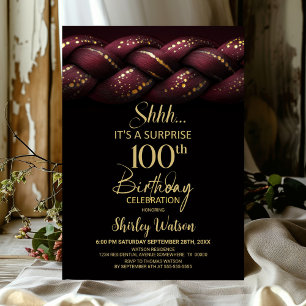 Burgundy Gold Braid Surprise 100th Birthday Party Invitation