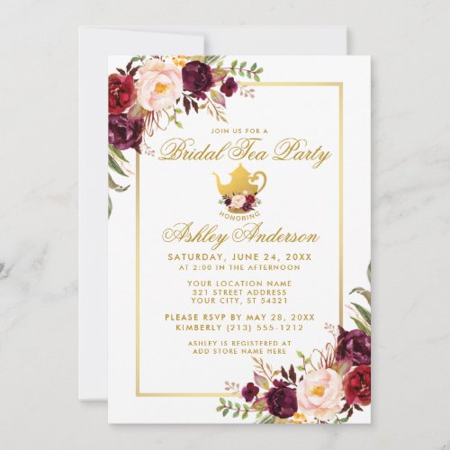 Burgundy Gold Bridal Shower Tea Party Invite