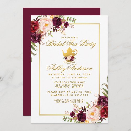 Burgundy Gold Bridal Shower Tea Party Invite B