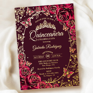 Burgundy Gold Butterflies Roses Quinceanera Foil Invitation