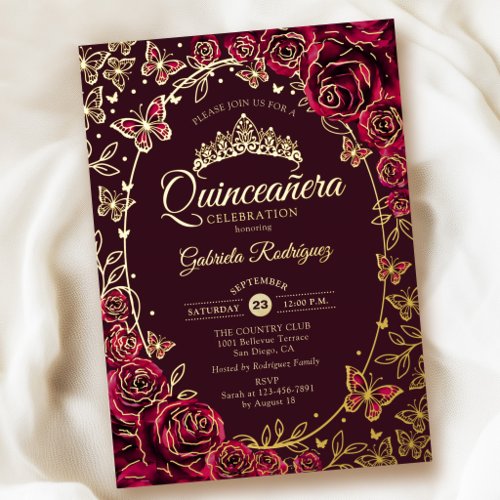 Burgundy Gold Butterflies Roses Quinceanera Foil Invitation