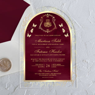 Burgundy Gold Butterfly Arch Muslim Wedding Acrylic Invitations