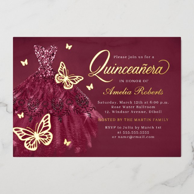 Burgundy Gold Butterfly Dress Quinceanera  Foil Invitation (Front)