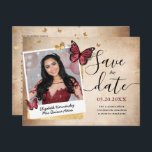 Burgundy Gold Butterfly Quince Photo Save the Date Announcement Postcard<br><div class="desc">Looking for beautiful quinceanera save the date postcards for your burgundy and gold party theme? Create your own save the dates on this simple DIY template that can be personalized with a glamorous Mis Quince Anos photo and other custom text. The watercolor art by Raphaela Wilson, showcases 2 burgundy monarch...</div>