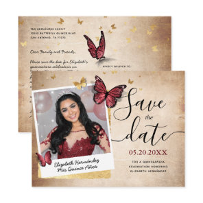 Burgundy Gold Butterfly Quince Photo Save the Date Announcement Postcard