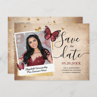Burgundy Gold Butterfly Quince Photo Save the Date Announcement Postcard