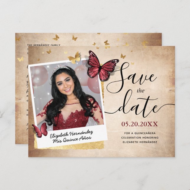 Burgundy Gold Butterfly Quince Photo Save the Date Announcement Postcard (Front/Back)