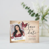Burgundy Gold Butterfly Quince Photo Save the Date Announcement Postcard (Standing Front)
